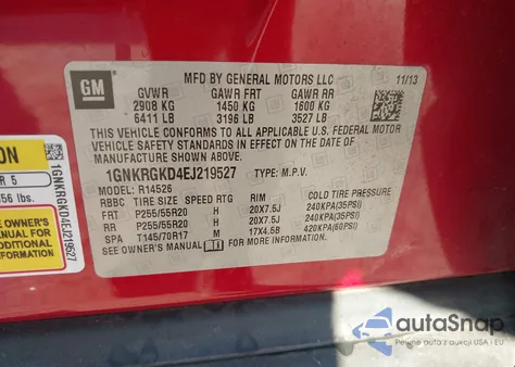 2014 Chevrolet Traverse 1Lt z USA, uszkodzony, nr VIN 1GNKRGKD4EJ219527